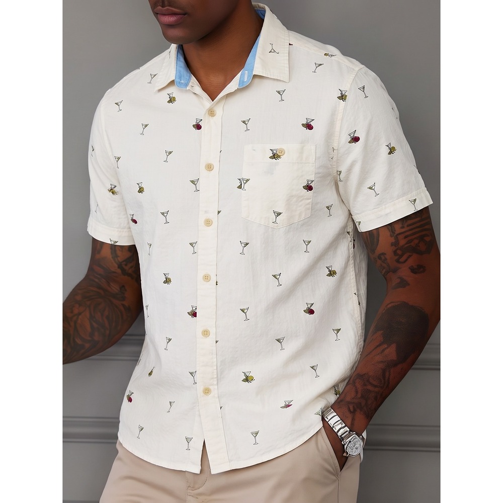 Tommy Bahama Mens M White Seersucker Martini Cocktail Embroidered SS Shirt
